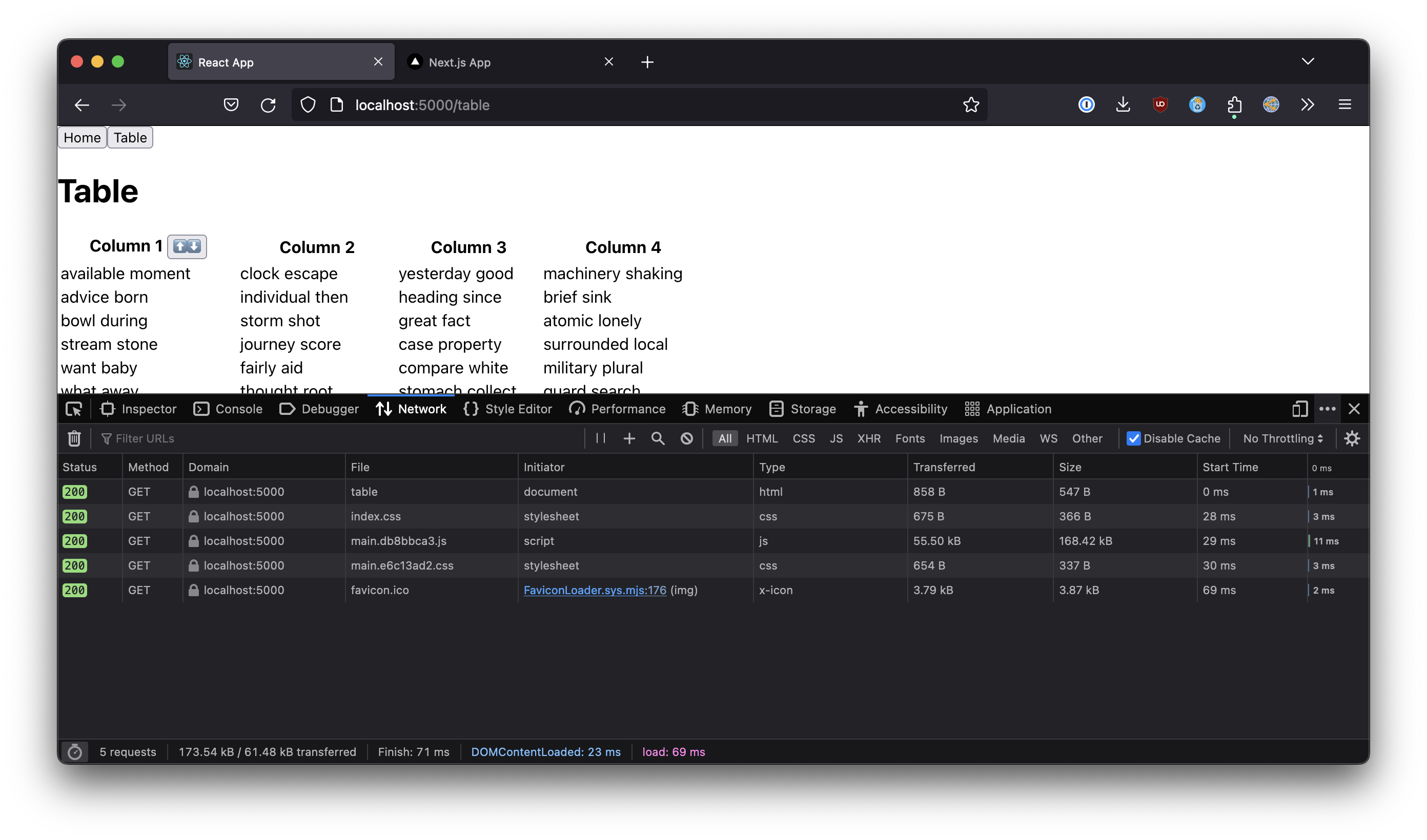 size and load time for interactive react table client-side rendered
